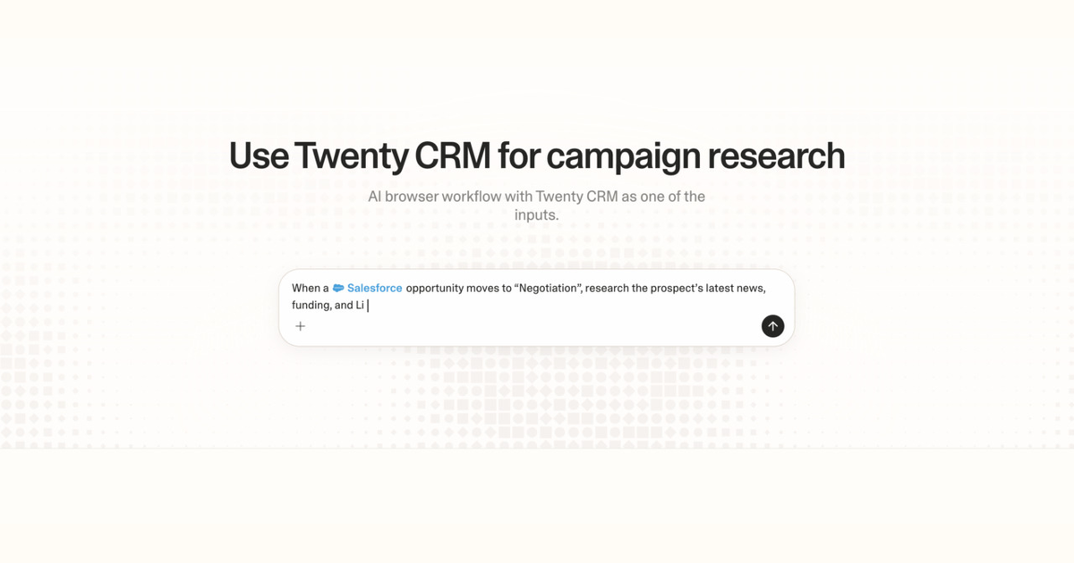 Diagram of Strawberry AI browser workflow using Twenty CRM for campaign research