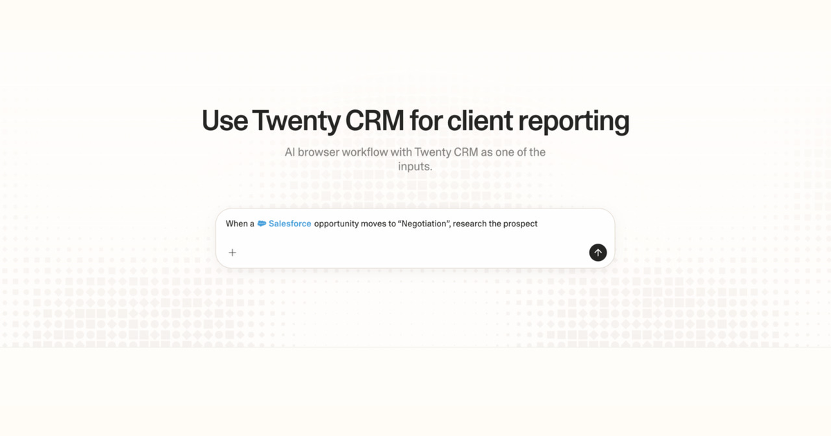 Diagram of Strawberry AI browser workflow using Twenty CRM for client reporting