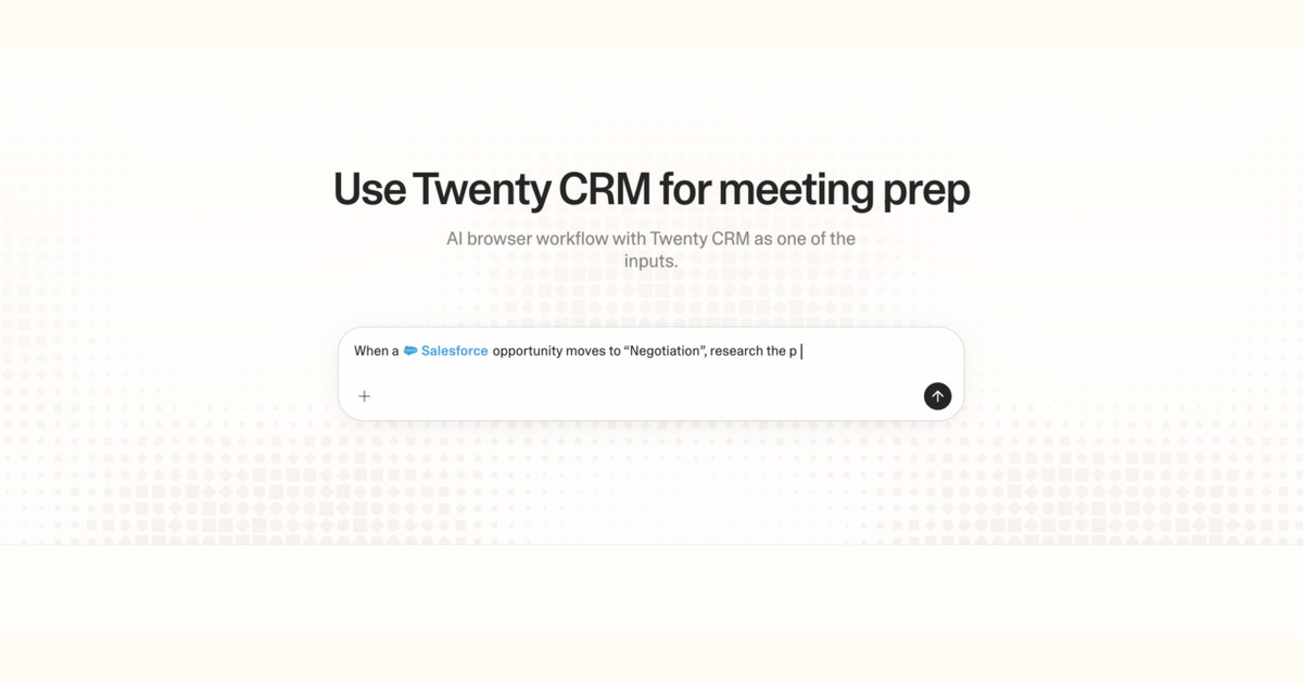 Diagram of Strawberry AI browser workflow using Twenty CRM for meeting prep