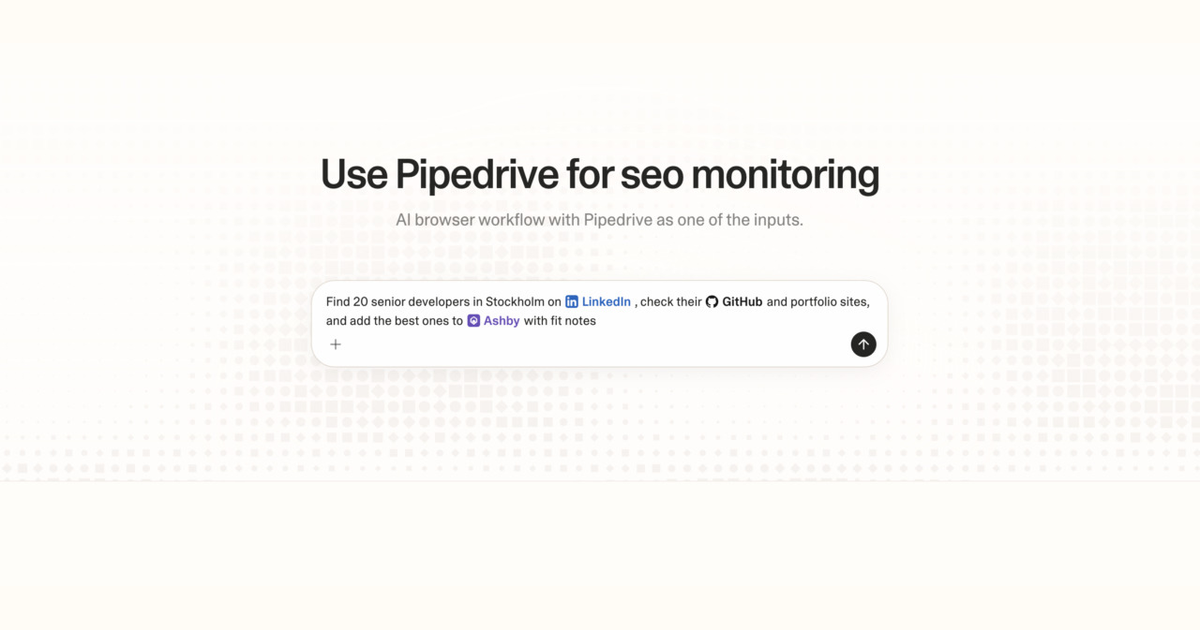 Diagram of Strawberry AI browser workflow using Pipedrive for SEO monitoring