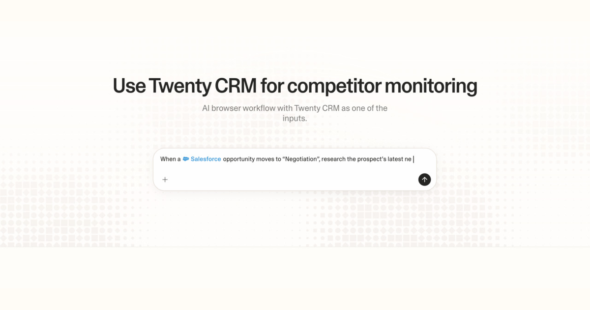 Diagram of Strawberry AI browser workflow using Twenty CRM for competitor monitoring