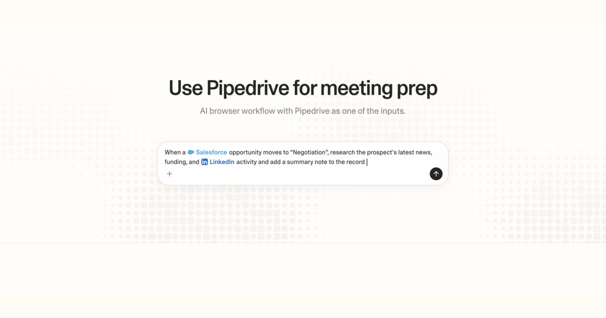 Diagram of Strawberry AI browser workflow using Pipedrive for meeting prep
