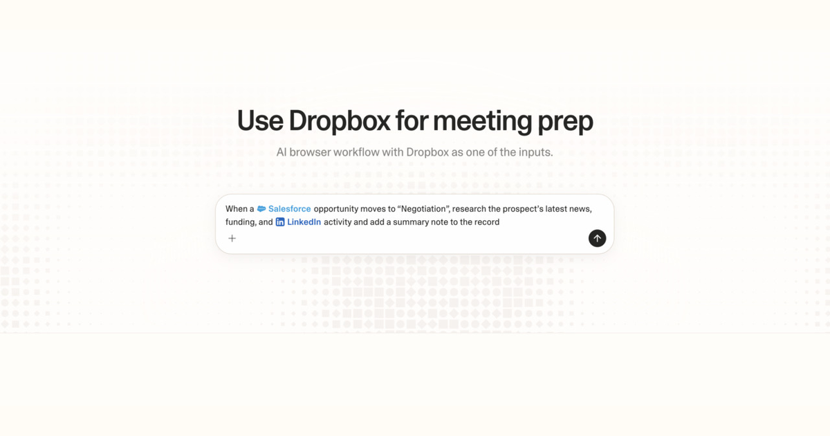 Diagram of Strawberry AI browser workflow using Dropbox for meeting prep