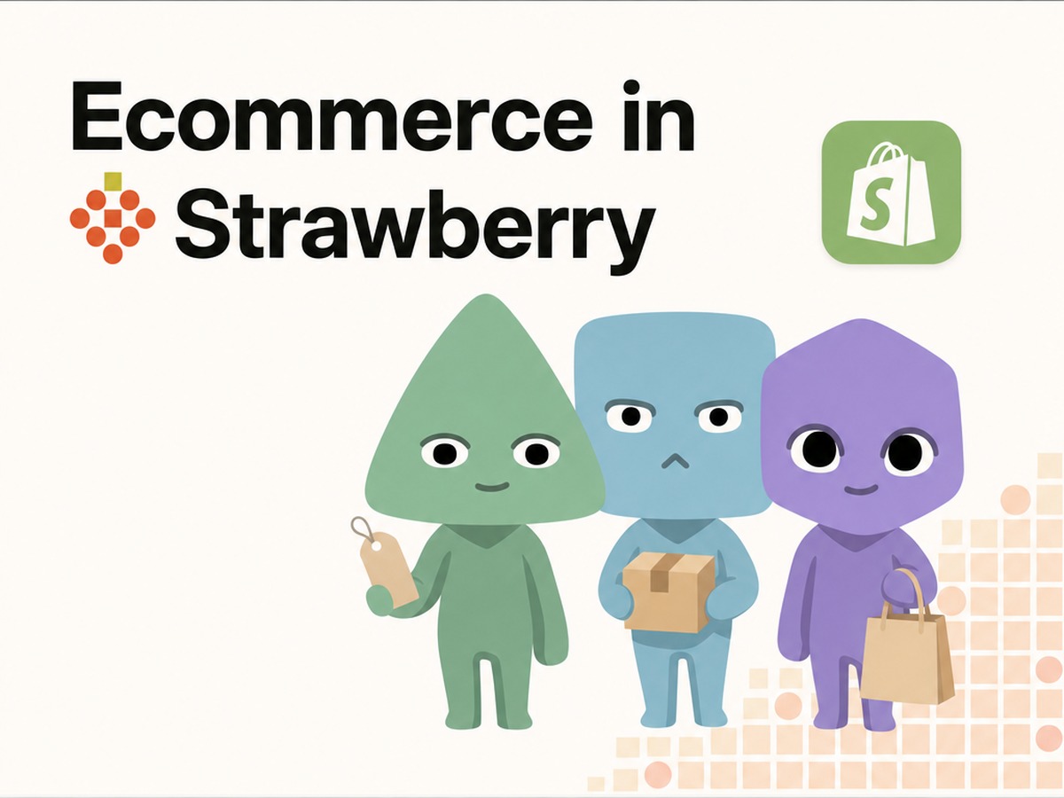 Ecommerce in Strawberry - three companions running a store, one holding a shopping bag, with a Shopify tile