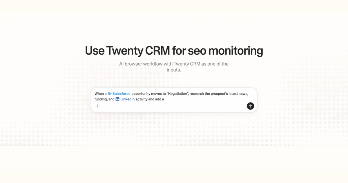 Diagram of Strawberry AI browser workflow using Twenty CRM for SEO monitoring