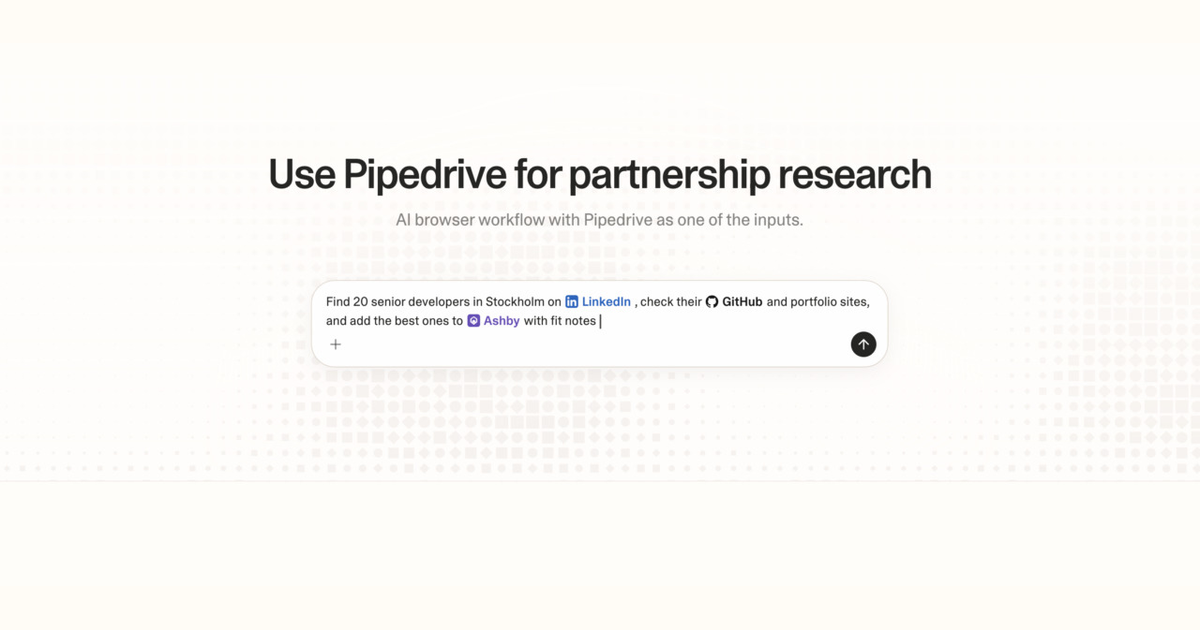 Diagram of Strawberry AI browser workflow using Pipedrive for partnership research
