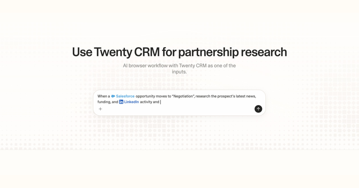 Diagram of Strawberry AI browser workflow using Twenty CRM for partnership research