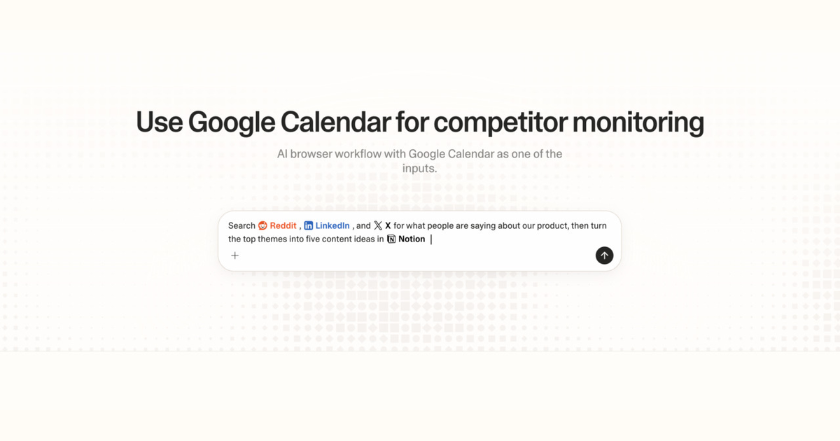 Diagram of Strawberry AI browser workflow using Google Calendar for competitor monitoring