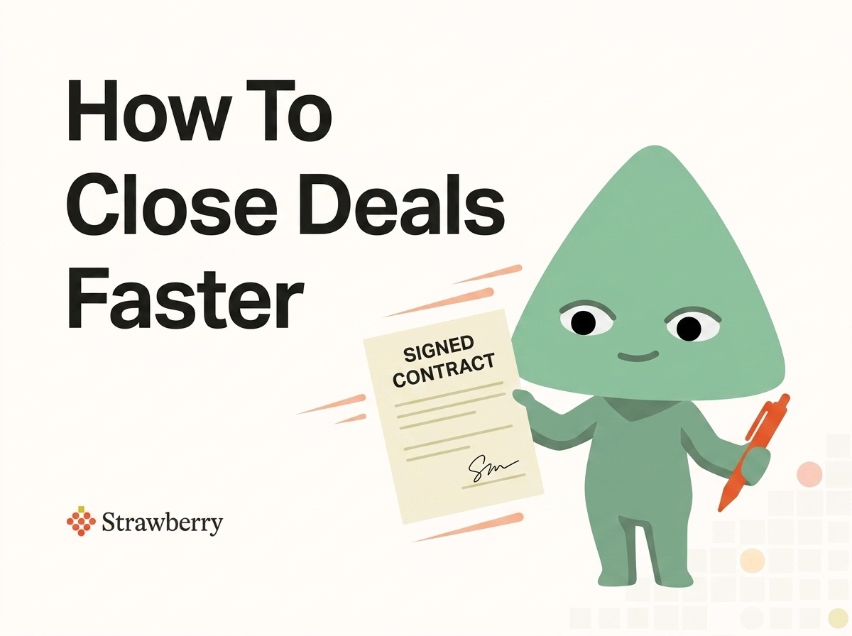 Strawberry green companion holding a signed contract with an orange pen, motion streaks conveying speed