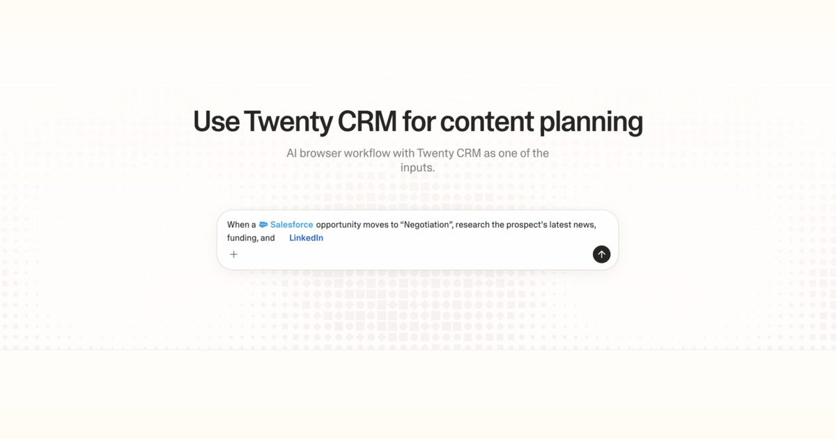 Diagram of Strawberry AI browser workflow using Twenty CRM for content planning