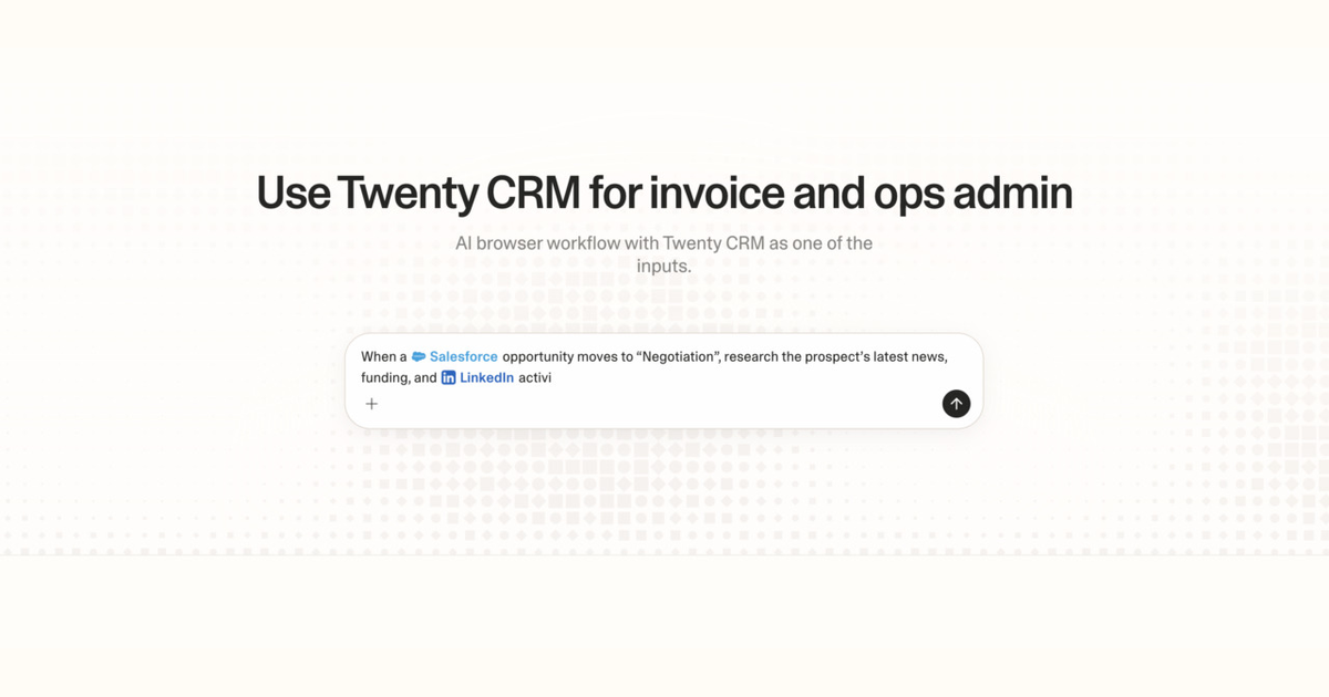 Diagram of Strawberry AI browser workflow using Twenty CRM for invoice and ops admin